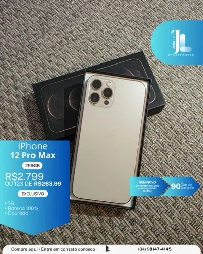 IPHONE 12 PRO MAX, 256GB, DOURADO, BAT 100%, SEMINOVO, EXCLUSIVO!