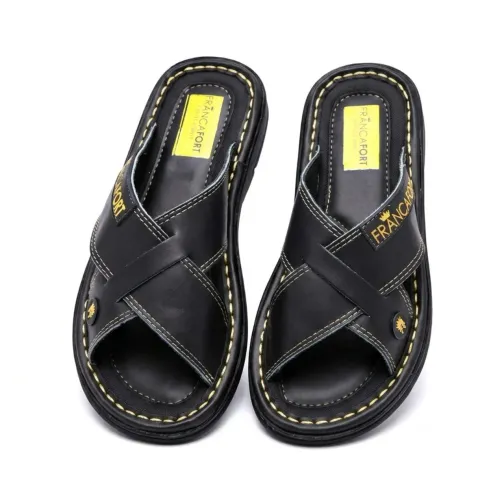 Chinelo Francafort Transversal Masculina em Couro Anatômico Tiras Largas Preta