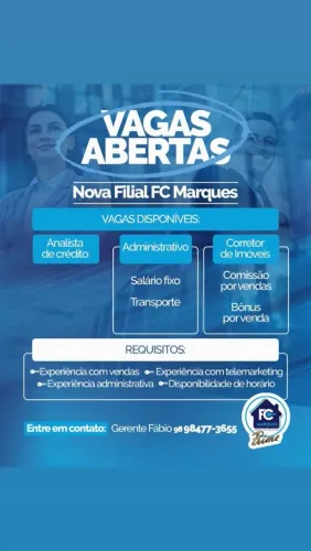 VAGAS PARA CORRETOR DE IMÓVEIS, ANALISTA DE CRÉDITO/ADM
