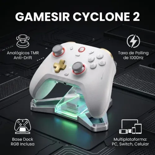 Controle GameSir Cyclone 2 Branco Com Base Carregadora Dock RGB - PC / Switch