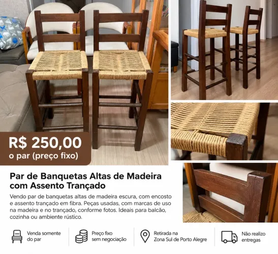 Par de Banquetas Altas de Madeira com Assento Trançado