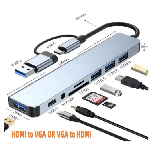 Adaptador Usb 8 Em 1 Tipo C Audio Cartão Sd Docking Hub aço