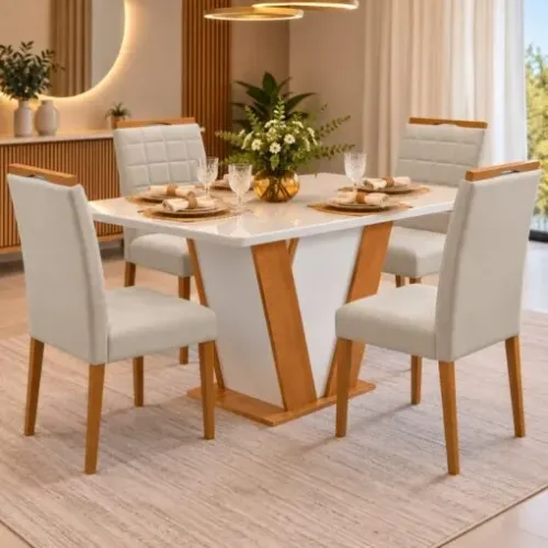 Mesa Qatar 120 (Tampo Londres c/ vidro) Off White/Cinamomo/Off White com 4 Cadeiras Quartz