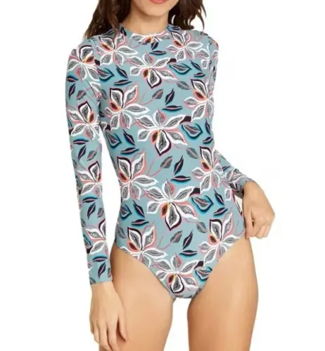 Billabong Surf Beat Bodysuit Blue Tropical Floral Maiô Manga Longa Lycra Power - Tamanho P