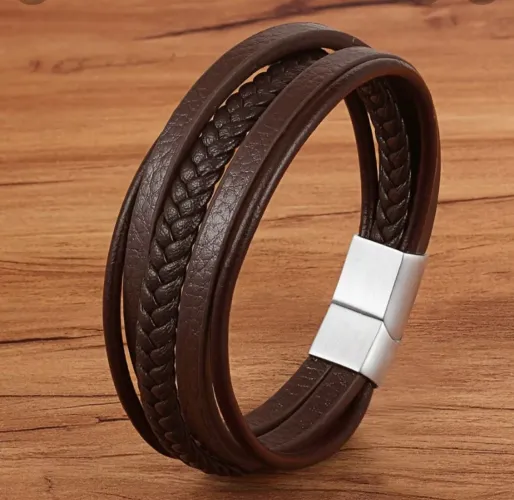 Bracelete Masculino Pulseira De Couro Masculina Genuíno Marrom Aço
