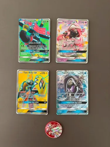 Relíquias Pokémon TCG: Lote 4 Guardiões Tapu GX + Moeda (Usadas)