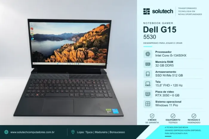 Notebook Dell G15 5530 i5 (13ª) | 32GB DDR5 | SSD 512GB | RTX 3050 6GB | Tela 120Hz - LOJA