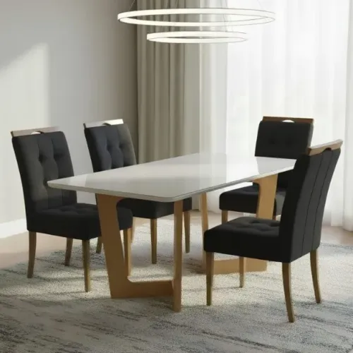 Mesa Dubai 120 (Tampo Londres) Cinamomo/Off White com 4 Cadeiras Sophia Veludo ou Linho