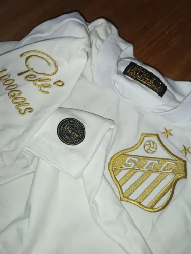 camisa original nova athleta santos 1000 gols pelé branca dourada tamanho g mil