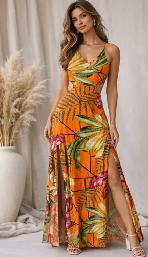 Vestido de Verão Tropical com Bojo - Alcinha Cruzada