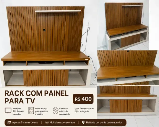 SALDÃO - Rack com Painel Ripado para TV - Semi Novo (5 Meses de Uso)