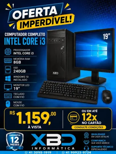 Computador Completo intel Core i3 SSD 240GB- 8GB memória- Windows 10 - Monitor LED 19"