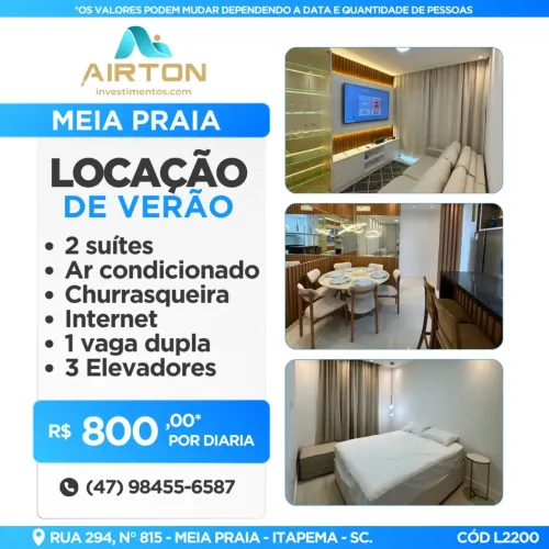 LOCAÇÃO DE VERÃO- 2 SUITES CLIMATIZADAS, 2 VAGAS,  EM MEIA PRAIA - ITAPEMA -SC