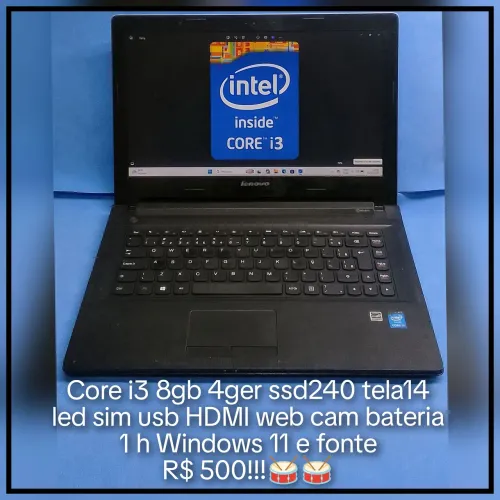 Notebook Lenovo core i3 8gb 4ger ssd240 tela 14 led slim usb HDMI web cam bateria 1h fonte