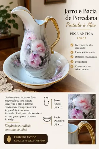 Jarra e bacia em porcelanato pintado.