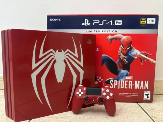 PS4 Pro 1TB Edição Limitada Spider-Man + 2 Controles + Caixa