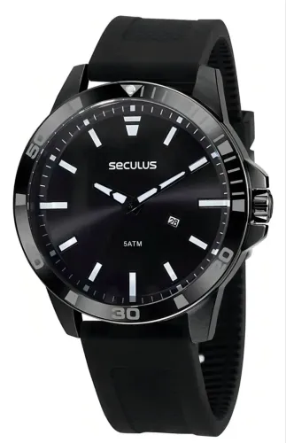 Relogio Seculus Masculino Caixa Preta Pulseira De Borracha