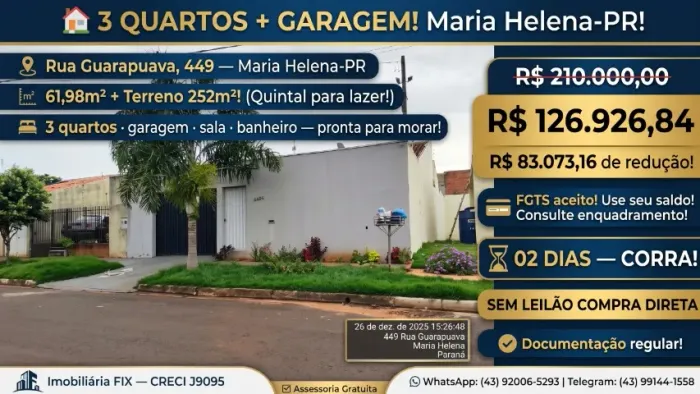 ? 3 QUARTOS + GARAGEM! Maria Helena-PR!