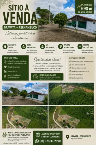 SÍTIO À VENDA EM GRAVATÁ/PE - 5,5 HECTARES | ÁGUA EM ABUNDÂNCIA | 2 CASAS | ALTO POTENCIAL