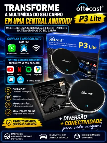 Ottocast P3 Lite - CarPlay/Android Auto Sem Fio + Android