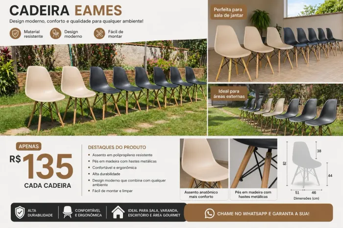 Cadeira Eames Preta e Nude - Moderna, Confortável - R$135