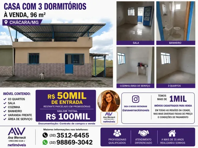 NÃO ACEITA COMPRA ASSISTIDA!!! CHÁCARA (CENTRO) CASA FRENTE RUA (VAZIA) 3QTOS TERRAÇO ENTR