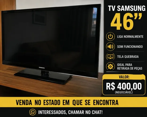 TV Samsung 46 Polegadas - Liga Normalmente - Tela Quebrada
