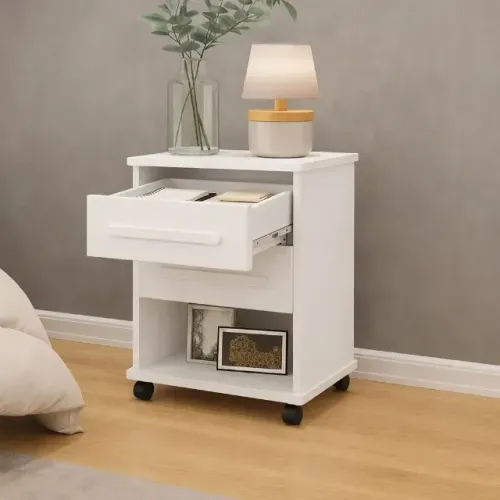 Mesa De Cabeceira Moderna Com Rodízios E Nicho Organizador