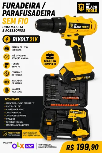 Furadeira Parafusadeira Sem Fio 21V Black Tools com Maleta