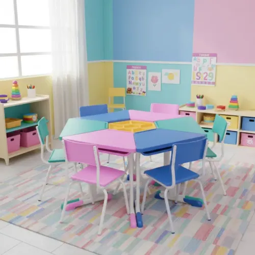 Conjunto Escolar Hexagonal Baby com Mesas e Cadeiras para Crianças de 06 a 09 Anos 41005