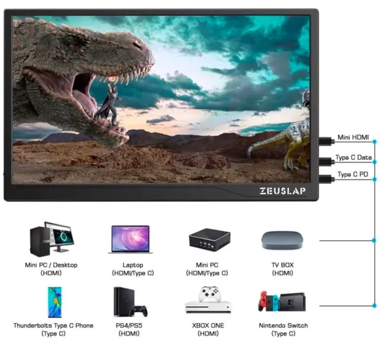 Monitor Portátil Zeuslap Full HD IPS USB-C HDMI Tela Auxiliar para Notebook e Console