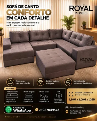 Sofá Canto Chaise Fixa C/Puff Tecido Veludo LUXO. Produto Novo Direto de Fábrica.