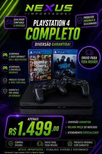 PS4 COM 2 CONTROLES E 2 JOGOS ORIGINAIS (GTA V & NEED FOR SPEED)