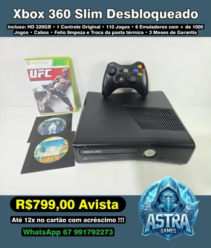 Xbox 360 Slim Desb. 320GB 110 Jogos - Astra Games