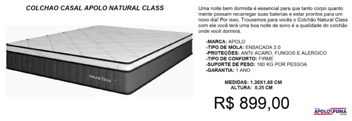 Colchão casal molas natural class apolo - frete gratuito!