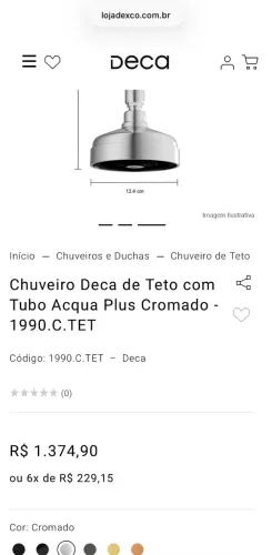 Chuveiro Deca de Teto com Tubo Acqua Plus Cromado