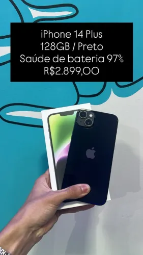 iPhone 14 Plus / 128GB / Preto / Saúde de bateria 97% / R$2.899,00 / Loja Física