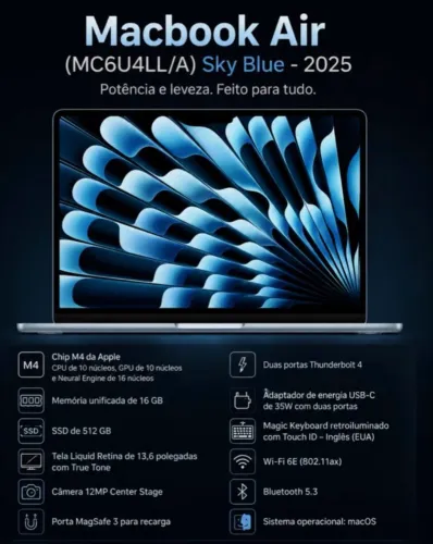 MacBook Air lacrado M4 256 tela de 15 polegadas sky Blue 