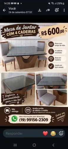 Mesa de jantar com 4 cadeiras