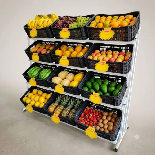 Expositor de frutas 12 caixas preto com pés niveladores
