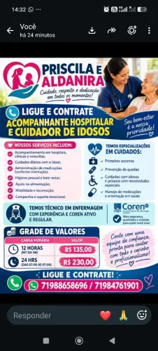 Prestadora de serviço como: Técnico em Enfermagem, Cuidador de Idoso e Acompanhate