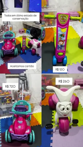 Patinete, velocípede e carrinho