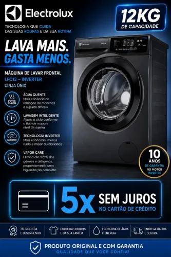 Máquina de Lavar Frontal Electrolux 12kg Cinza Ônix Inverter LFC12