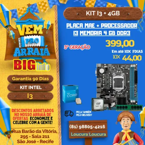 Kit Placa Mae h61 1155 + Processador i3 + 4GB ddr3 - Em ate 10x Fixas