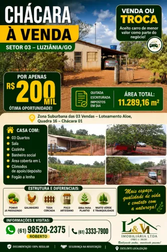 CHÁCARA À VENDA - SETOR 03, LUZIÂNIA/GO Quitada, escriturada 