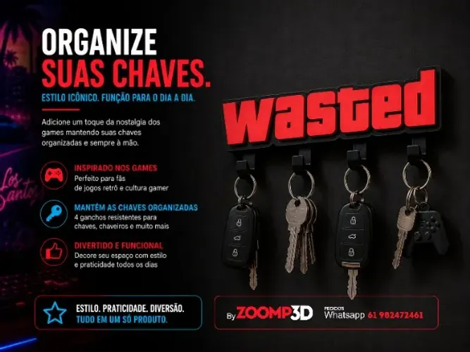 Porta Chaves WASTED Decorativo De Parede 4 GTA