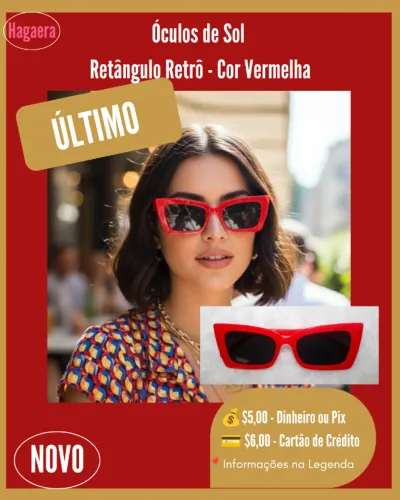 Novo: Óculos de Sol - Retângulo Retrô - Cor Vermelho (ÚLTIMO)