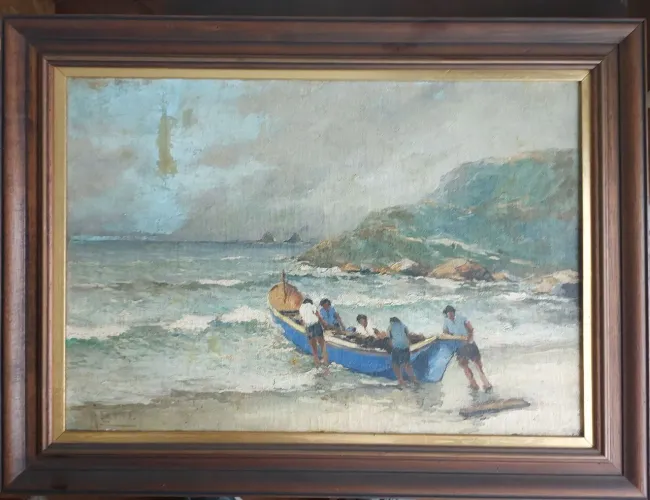Quadro pintura óleo sobre tela - Paisagem marítima - Barco pescadores