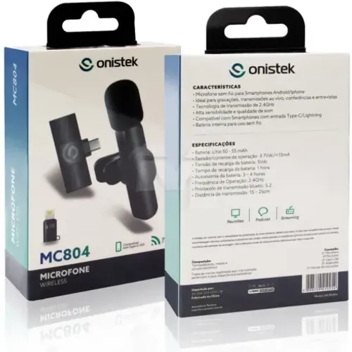 Microfone de Lapela sem Fio Type-C e Lightning para Smartphone Android e IOS - WZetta