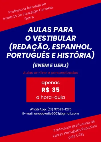 Aula para vestibular (ENEM e UERJ) de redação, espanhol, português e História
